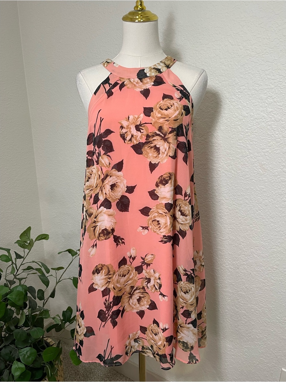 Betsey Johnson Floral Halter Swing Dress Pink Fully Lined Size 2